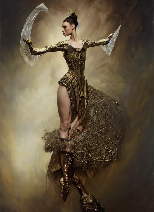 Image similar to highly detailed oil painting | very intricate | cinematic lighting | award - winning | ballet victorian armor fashion by alexander mcqueen | by roberto ferri, by tom bagshaw, by j. c. leyendecker and klimt, american romanticism, by austin osman spare, artstation, cgsociety, official art, octane