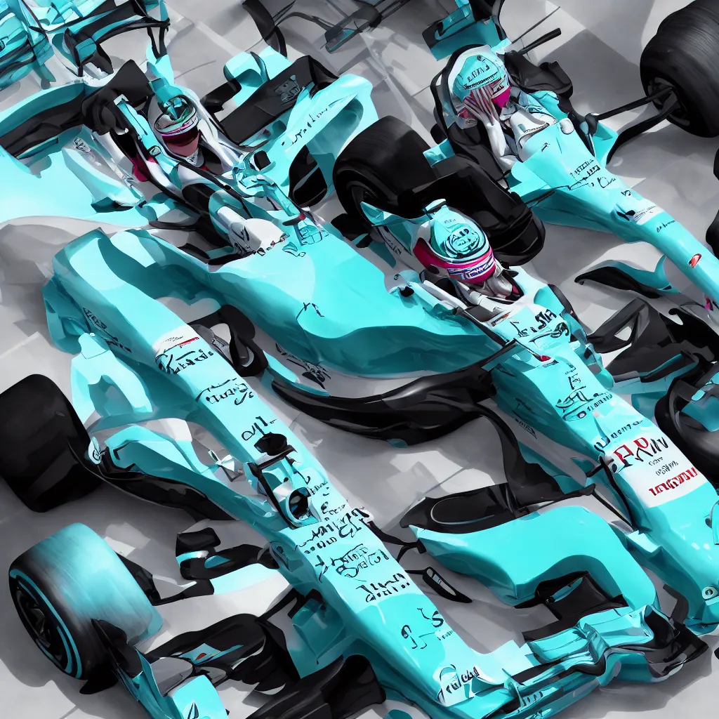 Image similar to hatsune miku driving an f 1 racecar photorealistic high resolution