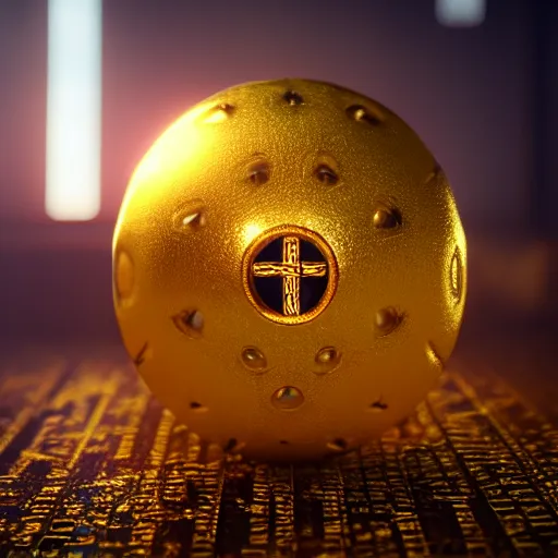 Image similar to hyperrealistic closeup of a mysterious magical golden artifact with glowing runes, blurry background, bokeh, octane render, artstation, 8k, HDR