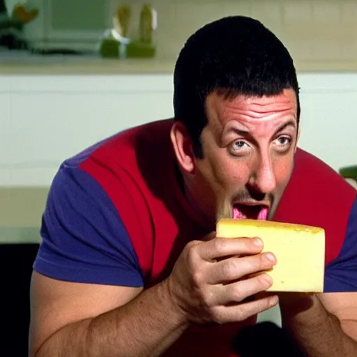 Prompt: Buff Adam Sandler eating a cheese it, 4k photograph