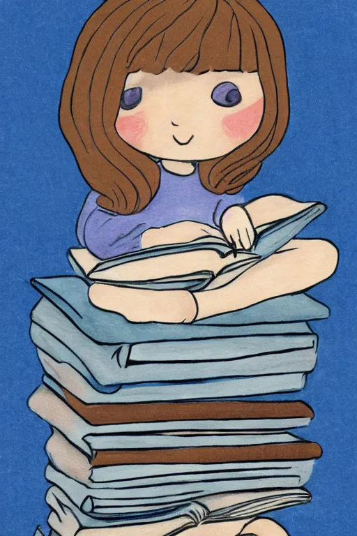 Image similar to a little girl with wavy light brown hair and blue eyes sits cross legged on top of a tall pile of books. she is reading. clean elegant pretty cartoon painting, beautiful detailed face, soft outlines, storybook illustration.