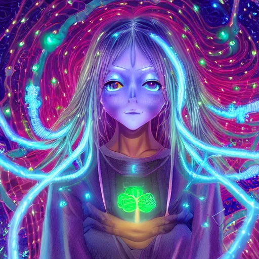 Image similar to anime girl electronic circuitry, with fireflies with a thick mane of bioluminescent vines and flowers by chris dyer and alex grey street art, trending on artstation, dramatic lighting, octane render, weta digital, trending on deviant art, deepdream, ray trace