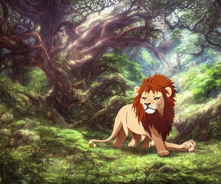 Image similar to lion in a forest, anime fantasy illustration by tomoyuki yamasaki, kyoto studio, madhouse, ufotable, comixwave films, trending on artstation