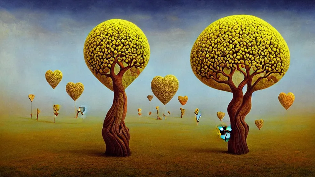 Image similar to surreal landscape, surrealism, fibonacci, heart shaped trees, symmetrical, esao andrews, victor enrich, dali