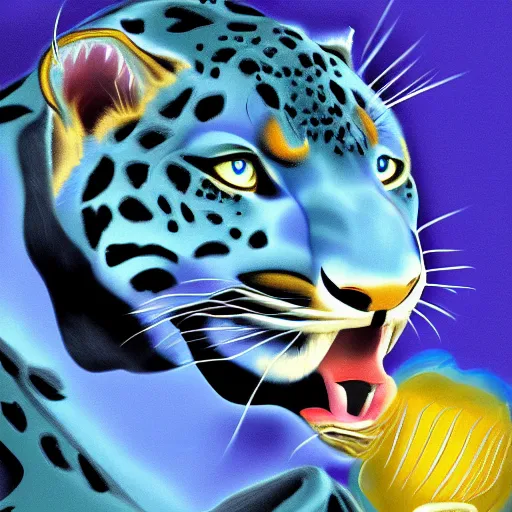 Image similar to church painting of the god of nature, the blue panther, with golden nimbus, digital art