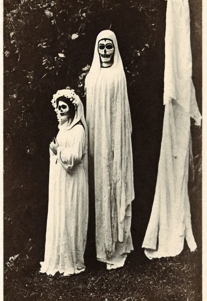 Image similar to photo taken in the 1 9 1 0's, full body view, one woman, virgin mary, dia de muertos dress and make up