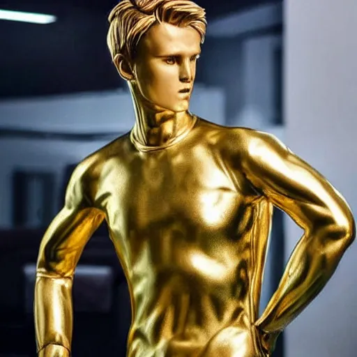 Image similar to a realistic detailed photo of a guy who is an attractive humanoid who is half robot and half humanoid, who is a male android, soccer player martin ødegaard, shiny skin, posing like a statue, blank stare, in a living room, on display, showing off his muscles, gold soccer shorts