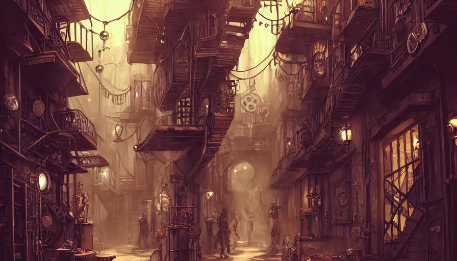 Prompt: a busy steampunk alleyway by alex flores, trending on artstation, digital art, fantasy, steampunk