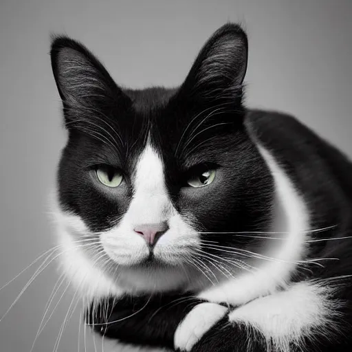 Image similar to fluffy black and white cat portrait, white cheeks, aesthetic highly detailed soft fur and paws, professionally shot photorealistic 8k photograph, 35mm Canon EOS R3, rendered in octane, by Natalie Große and Jason Allison