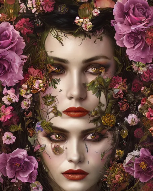 Image similar to portrait of the mexican queen of the underworld, surrounded by flowers by karol bak, james jean, tom bagshaw, rococo, sharp focus, trending on artstation, cinematic lighting, hyper realism, octane render, 8 k, hyper detailed.