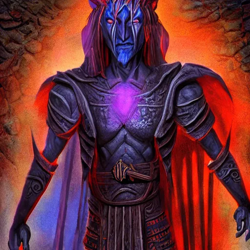 Prompt: Bright, colorful, realistic dark gritty individual elder scrolls morrowind Dagoth Ur, known as Voryn Dagoth in life, and whom Vivec would later come to call The Sharmat, was a powerful Chimer lord and Lord High Councillor to House Dagoth full body backlighting, kodachrome, high contrast, highly detailed, sharp focus, digital painting, concept art, illustration, trending on artstation, comic book by Alex Ross cover art