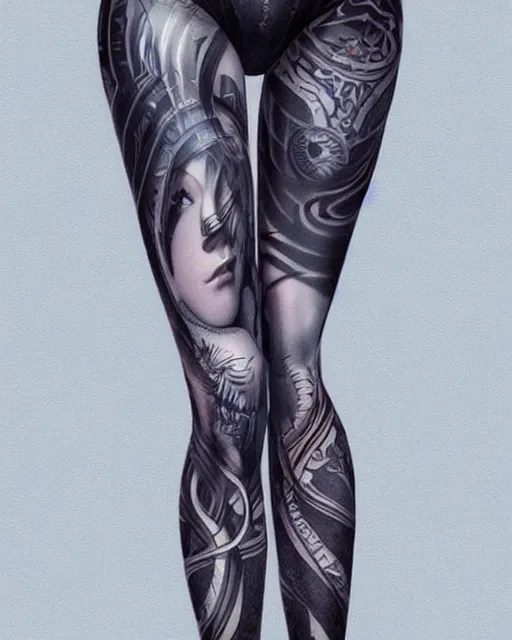 Image similar to Perfect leggings pattern imitating tattoos, focus on the pants, completely frontal and 100 percent symmetrical close-up on legs, highly detailed, digital painting, artstation, concept art, smooth, sharp focus, illustration, art by Artgerm and Hajime Sorayama