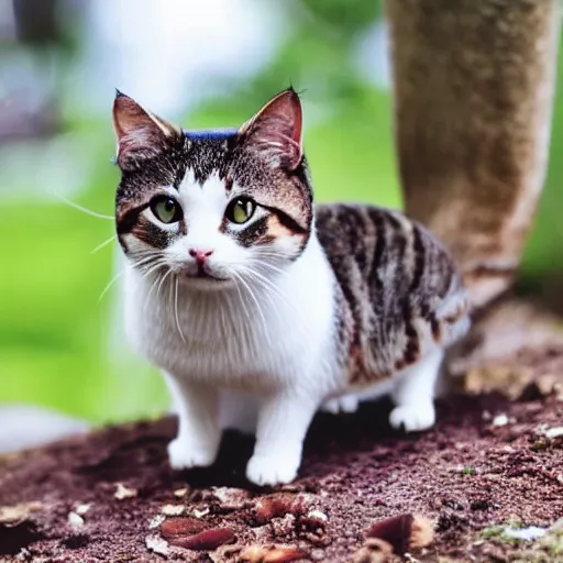 Prompt: a small domestic house cat with a mushroom growing atop its head