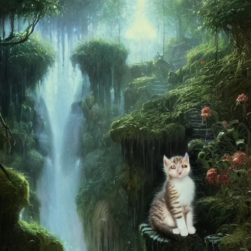 Image similar to two kittens watching the waterfall in the enchanted forest, fantasy, intricate, extremely detailed, face enhance, matte, artstation, art by greg rutkowski, louis wain, alan lee