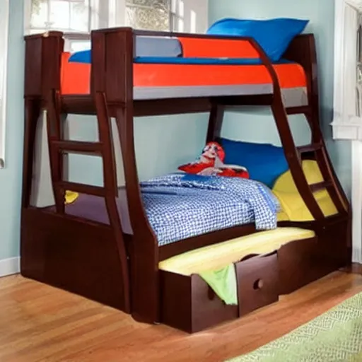 Prompt: kids bed shaped as a sailboat