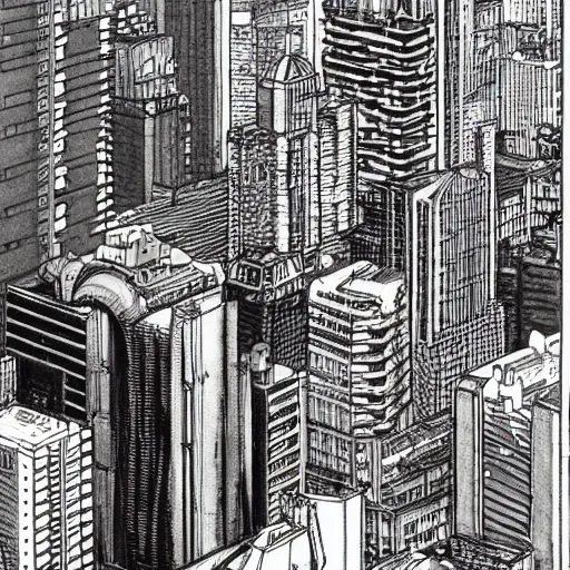 Prompt: cityscapes that drawn by katsuhiro otomo ; in the style of akira