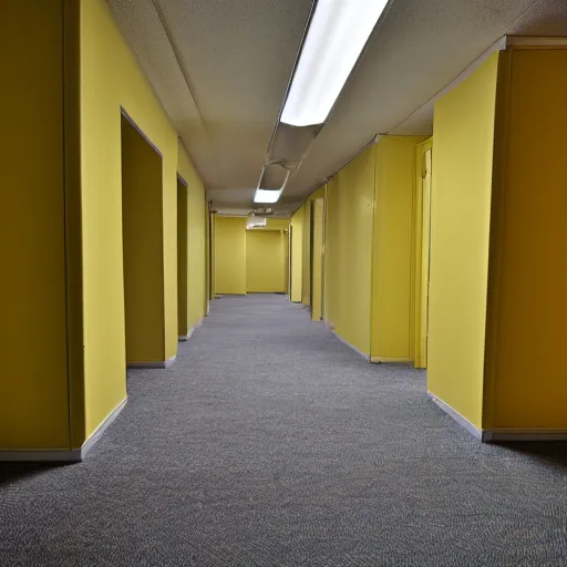 Image similar to Backrooms, old moist carpet, mono-yellow, fluorescent lights, randomly segmented rooms