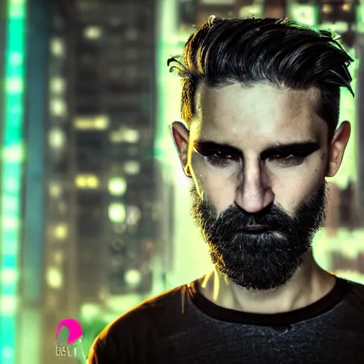 Prompt: bust portrait of handsome proud man with short black hair with some grey hair, very short full beard warrior, cyberpunk, fashion editorial photography, neon color scheme, waist up, low angle
