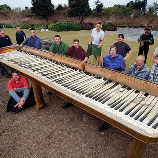 Image similar to the world's longest piano with a group of men standing next to it showing its size.