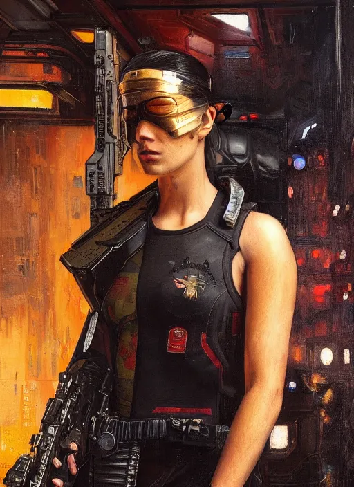 Image similar to Nikki. cyberpunk female USN marine wearing a military vest and powerful military cyberpunk exo-suit (cyberpunk 2077, bladerunner 2049). gorgeous face. Iranian orientalist portrait by john william waterhouse and Edwin Longsden Long and Theodore Ralli and Nasreddine Dinet, oil on canvas. Cinematic, hyper realism, realistic proportions, dramatic lighting, high detail 4k