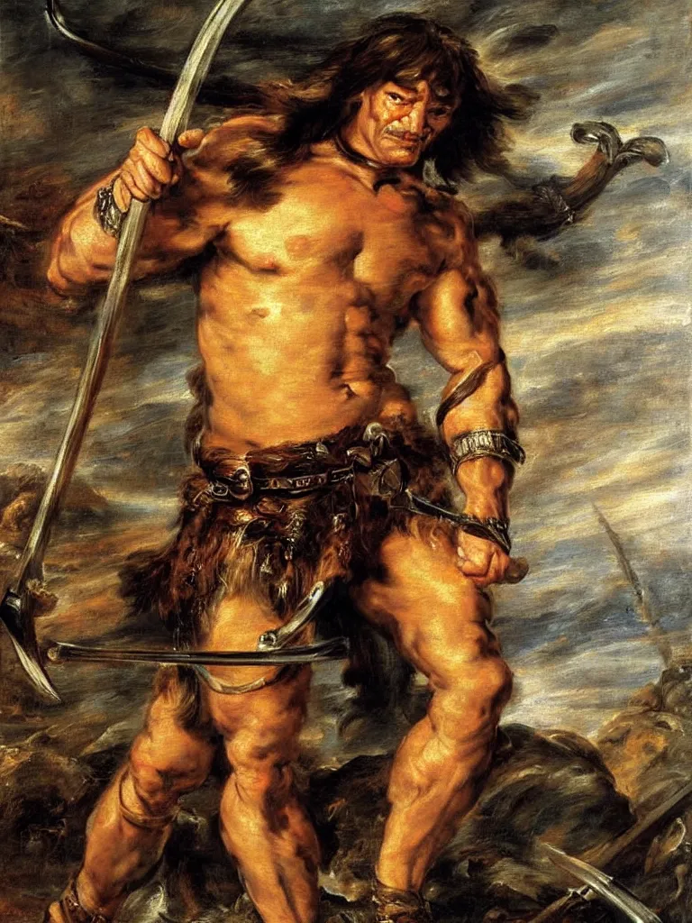 Image similar to a full figure portrait of Conan the barbarian holding a sword, oil painting by Peter Paul Rubens, hd, sharp focus,