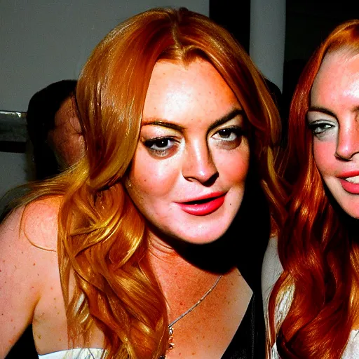 Image similar to Selfie photograph of Lindsay Lohan and Lindsay Lohan, golden hour, 8k,