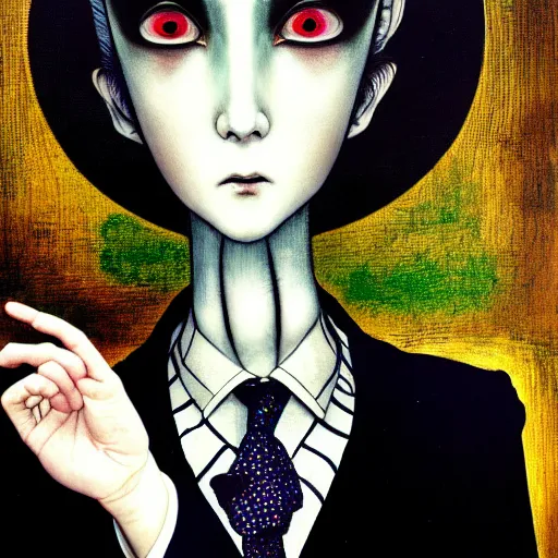 Image similar to yoshitaka amano blurred and dreamy realistic three quarter angle portrait of a woman with weird makeup and black eyes wearing dress suit with tie, junji ito abstract patterns in the background, satoshi kon anime, noisy film grain effect, highly detailed, renaissance oil painting, weird portrait angle, blurred lost edges