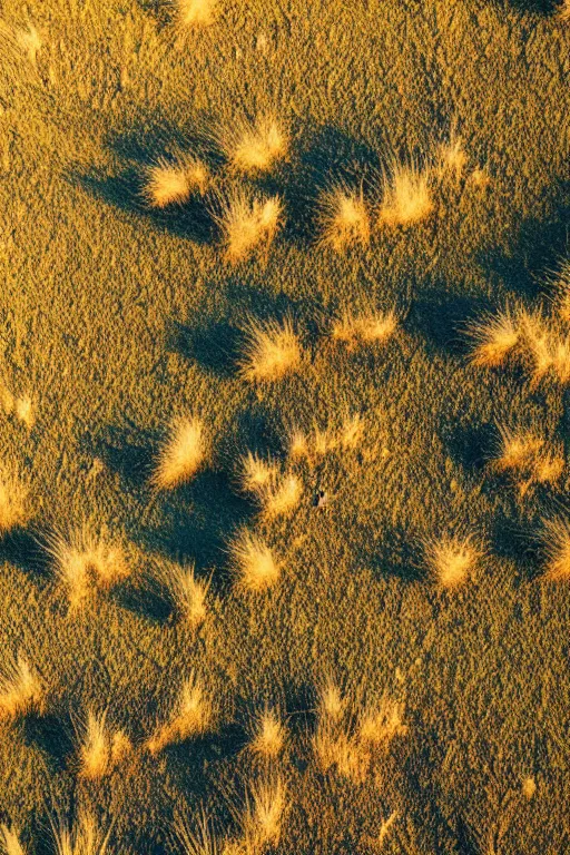 Prompt: aerial directly overhead close up shot of a badlands patch of ground surrounded by tuft grass in golden hour lighting