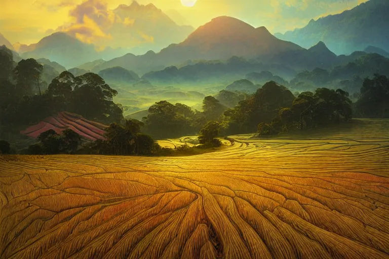 Prompt: a beautiful landscape illustration of Gunung Jerai, Yan, Malaysia with a paddy field, dramatic sky, cinematic lighting, wide angle, sunrise, award winning, 8K realistic art by artgerm and greg rutkowski and alphonse mucha