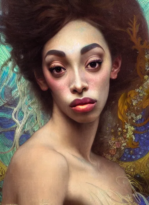 Prompt: a realistic oil painting of a beautiful young woman resembling winnie harlow, crystal encrustations, underwater, fantasy art, by mucha, by bouguereau, intricate, colorful