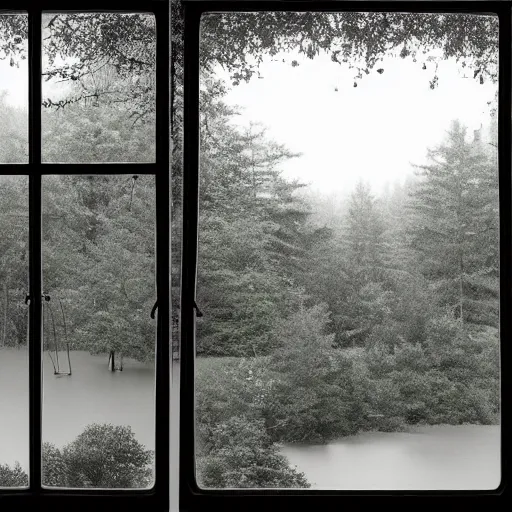 Image similar to View out of 4 picture windows into a dark forest, lit by flood lights at night