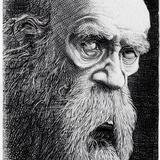 Prompt: Charles Darwin snorting lines of the universe in an art studio, drawing in the style of escher