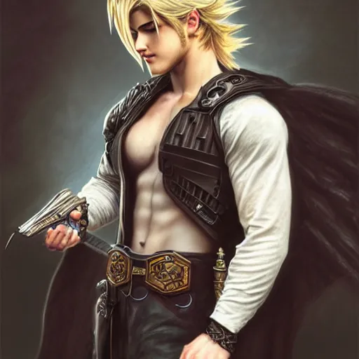 Image similar to Cody Christian as Cloud Strife, western, D&D, fantasy, intricate, elegant, highly detailed, digital painting, artstation, concept art, matte, sharp focus, illustration, art by Artgerm and Greg Rutkowski and Alphonse Mucha