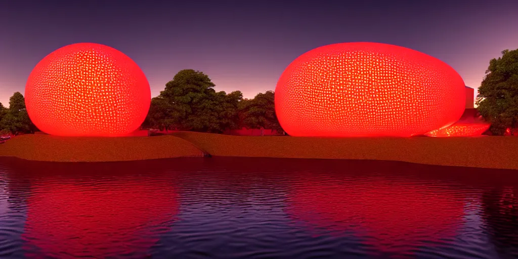 Image similar to A beautiful architectural rendering of a blob shaped trypophobia house with a mysterious red glow emitting from inside in a modern city next to a river, stunning, gorgeous, golden ratio, photorealistic, featured on artstation, 4k resolution