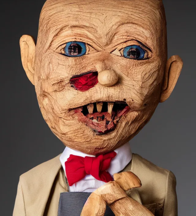 Image similar to hyper realistic photography of horror ventriloquist wooden puppet with old carved painted head