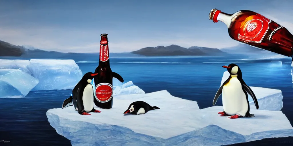 Image similar to a penguin drinking a Budweiser on an iceberg , cinematic lighting, detailed oil painting, hyperrealistic, 8k