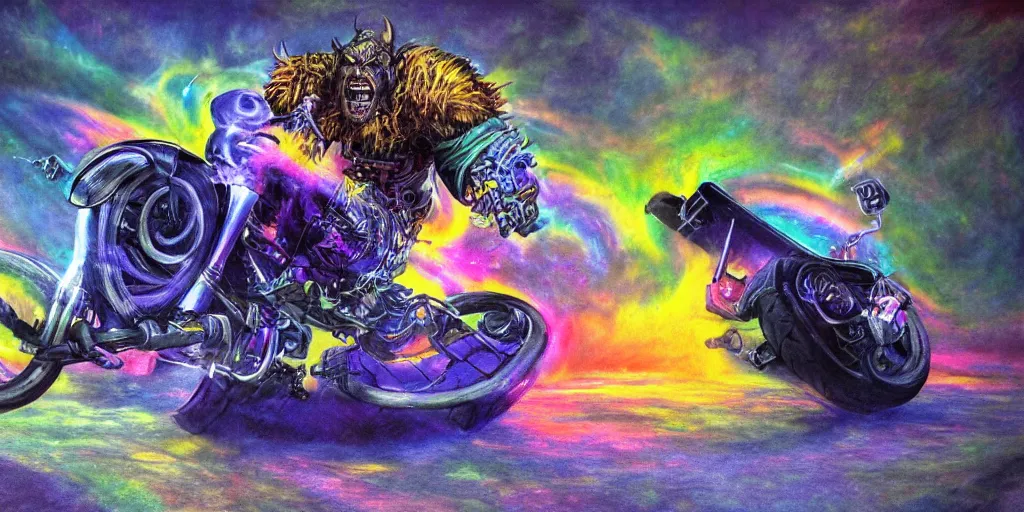 Image similar to high quality cinematic action shot of an orc doing a wheelie on a motorcycle, psychedelic blacklight airbrush art