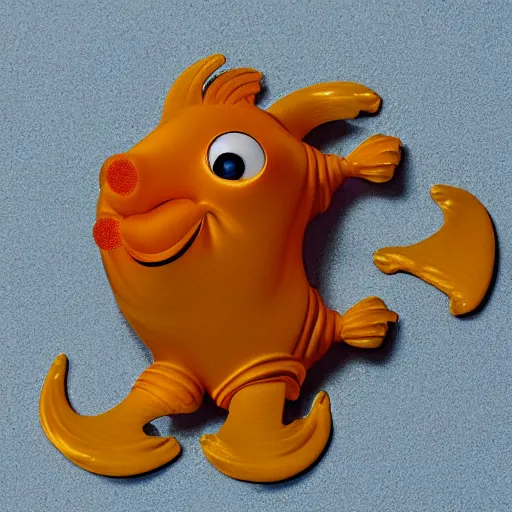 Image similar to jerry curl gold fish perfect focus, scene from tv show hyper detailed 5 5 mm 8 5 mm, toy photography, made out of plastic