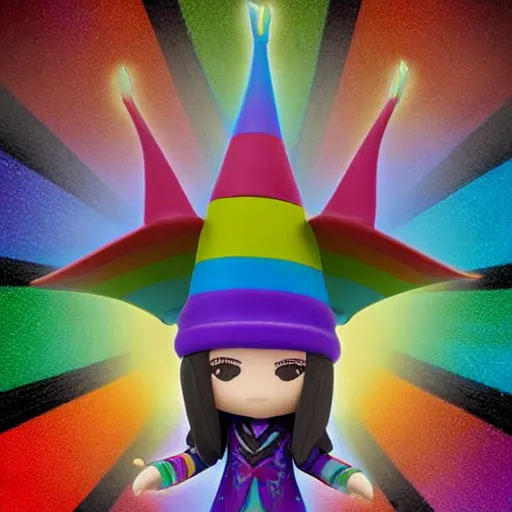 Image similar to a wizard with a rainbow multicolored wizard hat vinyl figure, nendroid