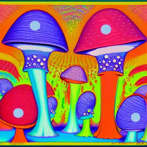 Image similar to a colorful fractal 3 d mushroom in a psychedelic world, peace and love, by peter max and mark ryden