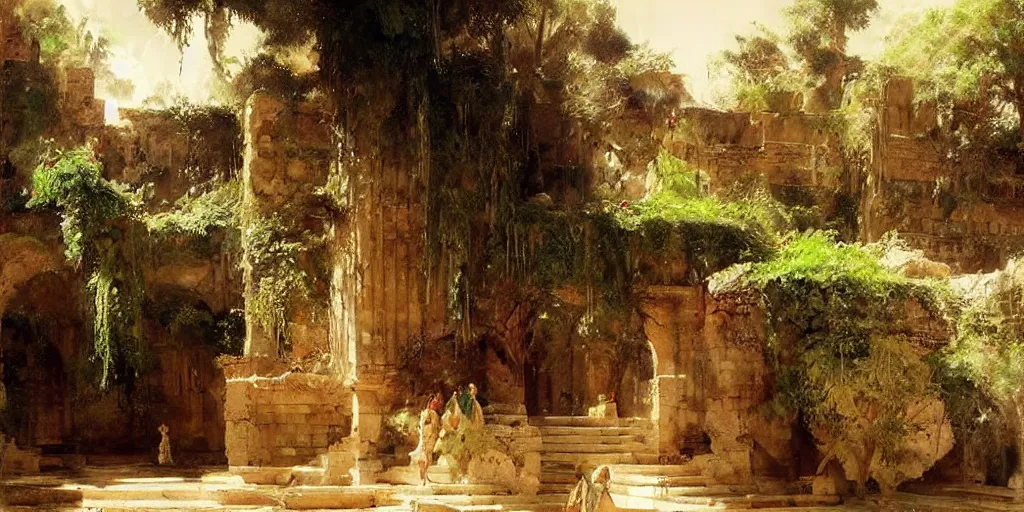 Image similar to beautiful landscape oil matte painting, of ancient hanging gardens of babylon, art by anders zorn, wonderful masterpiece by greg rutkowski, beautiful cinematic light, american romanticism, by thomas lawrence, greg rutkowski