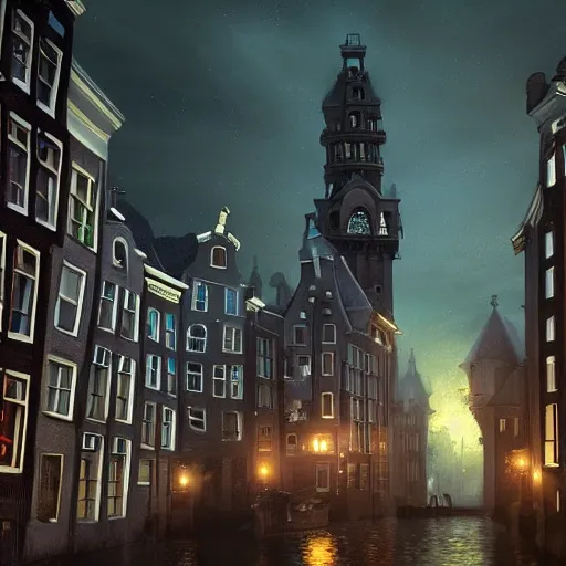 Prompt: a magical town with a few very tall crooked buildings, inspired by amsterdam and victorian england, night time, magical realism, dreamlike, digital painting, highly detailed, concept art, game art, matte painting, trending on artstation, octane render, 8 k, unreal engine