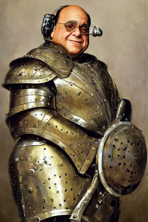 Prompt: portrait of danny devito in futuristic metal armour by norman rockwell and mandy jurgens and john singer sargent