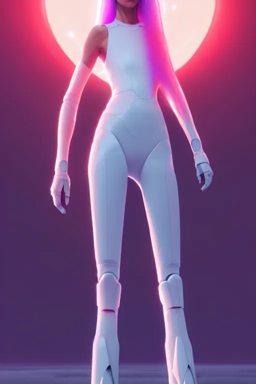 Image similar to upright and straight women, scifi, futuristic design, full body model, long white hair, character design, cinematic lighting, highly detailed, by beeple, goro fujita, smooth gradient.