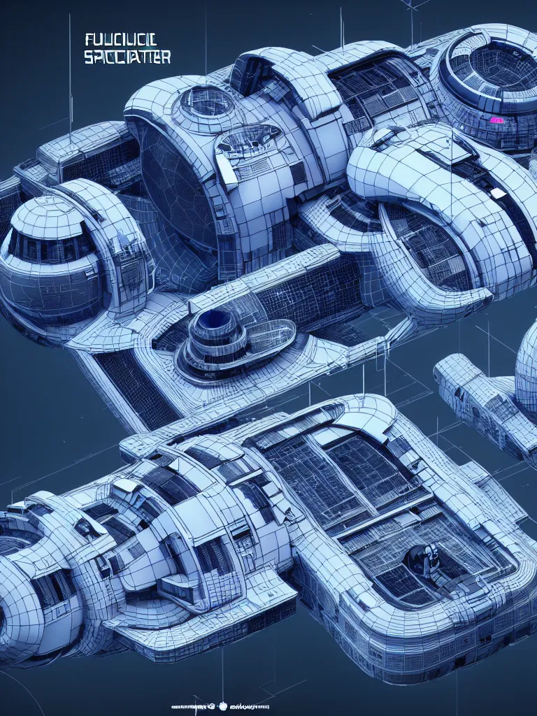 Prompt: futuristic space station, detailed blueprint and schematic with text and illustrated zoomed - in snippets, 8 k octane render 3 d unreal engine glorious intricate detailed superb, pristine clean design, center frame, desaturated, concept art, with highly detailed blueprints and text, marker concept art style rendering, hints of neon