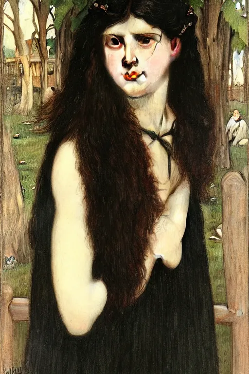 Prompt: A striking Pre-Raphaelite witch with intense eyes and jet black hair, by John Collier, by John William Waterhouse, John Everett Millais