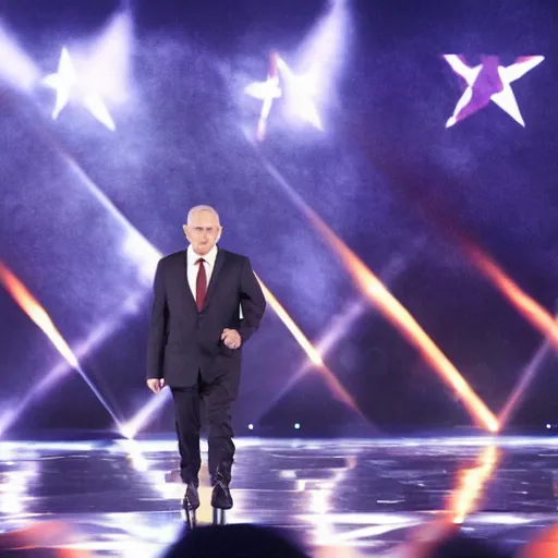 Image similar to photograph of benjamin netanyahu on stage singing in the eurovision representing israel, stage lighting, sharp focus, cinematic composition, wide shot, highly detailed