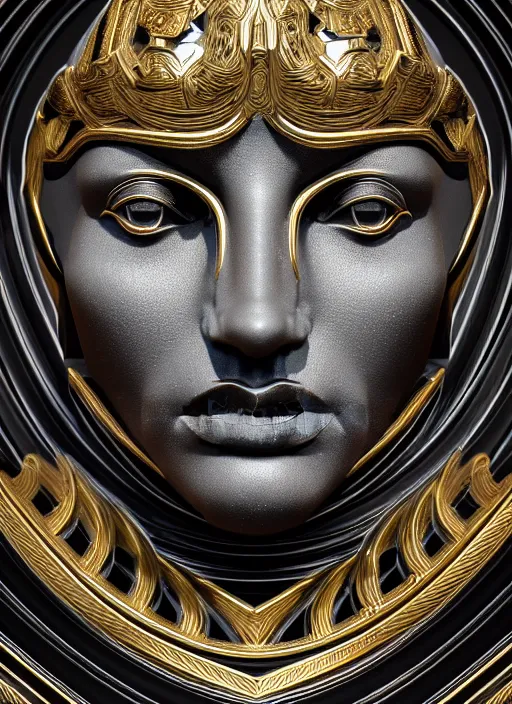 Image similar to stylized onyx black gold lines dark severe lighting ornate statue full body made of marble of judas, perfect symmetrical body, perfect symmetrical face, hyper realistic, hyper detailed, by johannen voss, by michelangelo, octane render, blender, 8 k, displayed in pitch black studio room