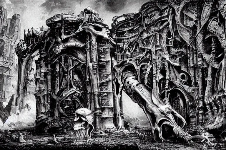 Prompt: opening a portal in the ruins of a familiar city, on mars, in the 4 0 th millenia, by hr giger