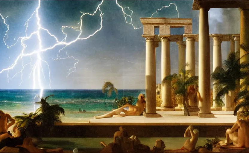 Image similar to mediterranean balustrade and columns, refracted lightnings on the ocean, thunderstorm, greek pool, beach and Tropical vegetation on the background major arcana sky and occult symbols, by paul delaroche, hyperrealistic 4k uhd, award-winning, very detailed paradise